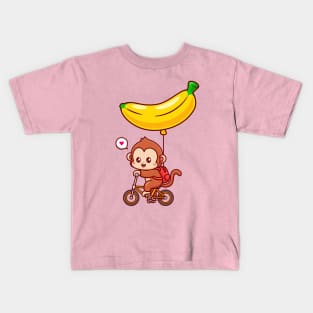 Cute Monkey Riding Bicycle With Banana Balloon Cartoon Kids T-Shirt